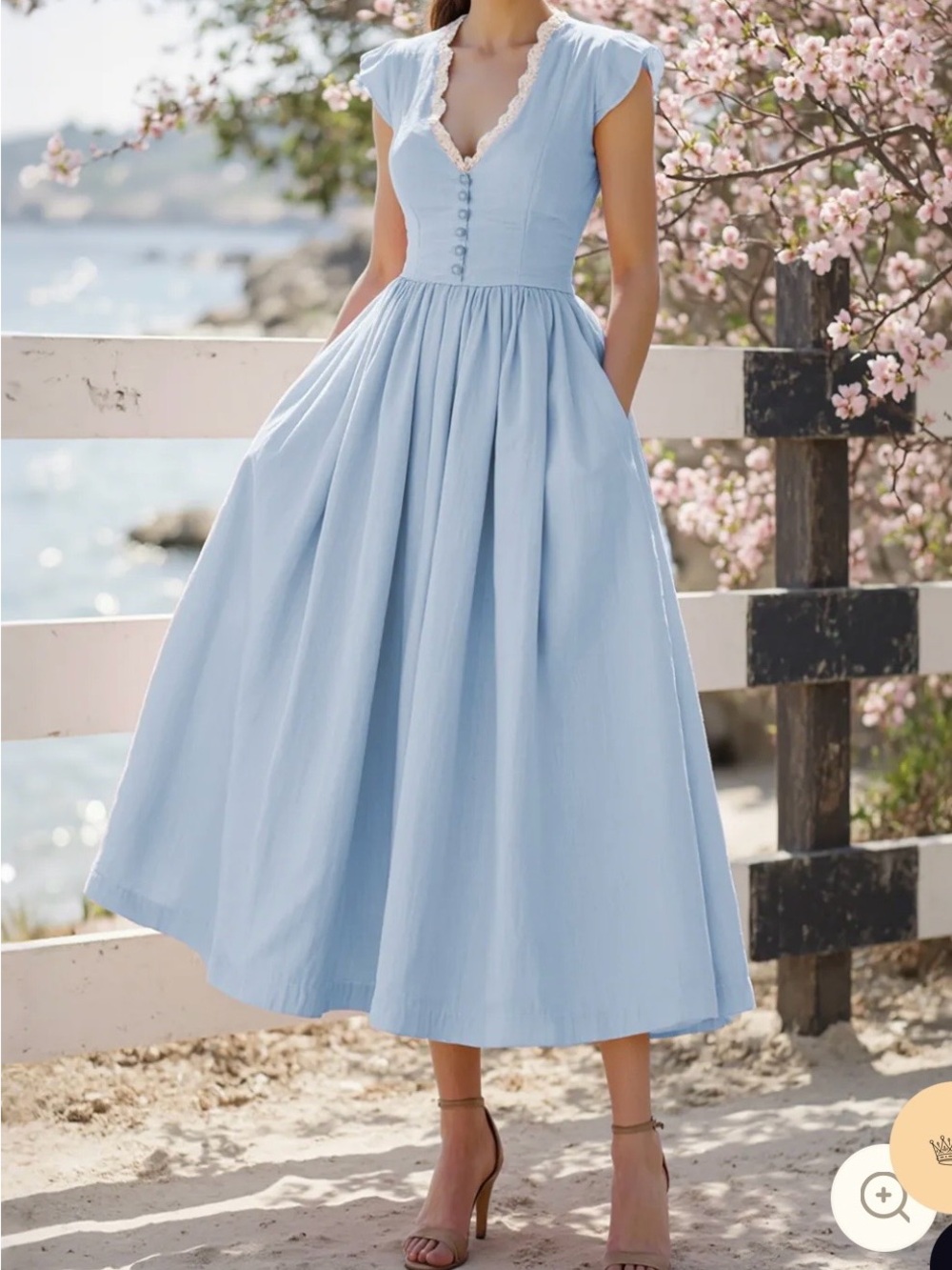 Vintage-Inspired Light Blue Midi Dress with Lace Trim